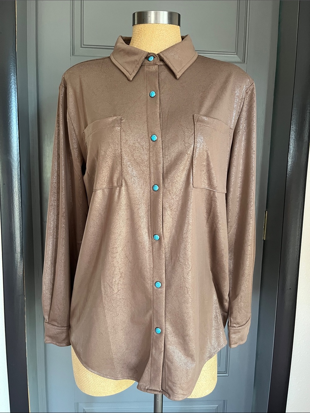 Brown Shimmery Leather Look Pearl Snap Shirt with Turquoise Snaps NWOT